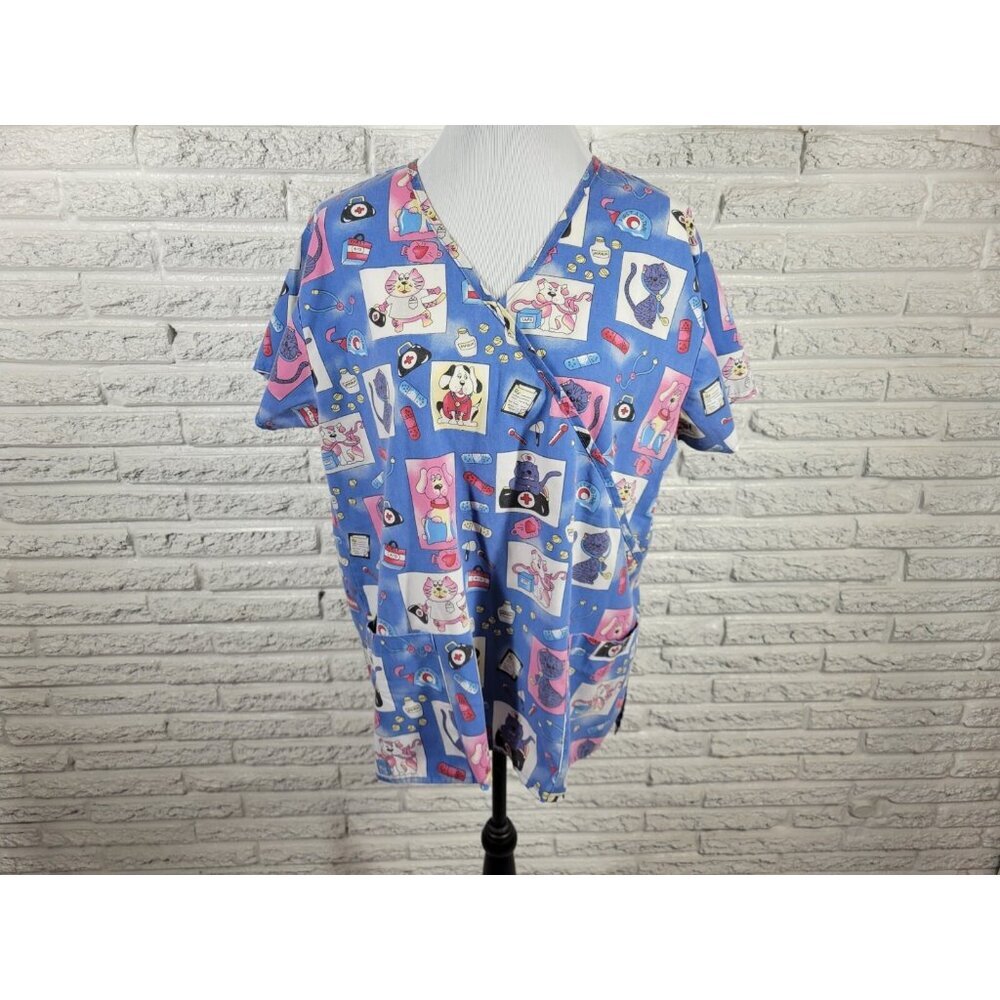 Absolute Unisex 1X Blue Scrub Top Veterinary Dogs Cats Print Medical NOV255E